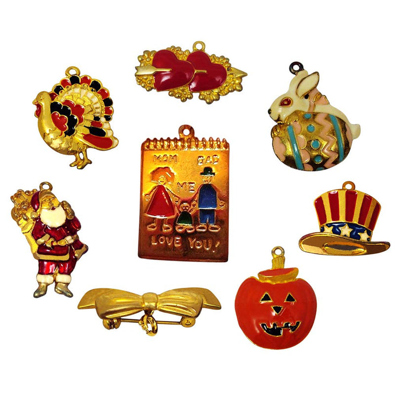 8 Piece Set of Holiday Bracelet Charms and Pin Set - Comes in an Attractive Gift Box - by TOFA.