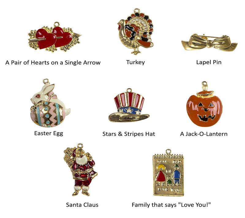 8 Piece Set of Holiday Bracelet Charms and Pin Set - Comes in an Attractive Gift Box - by TOFA.